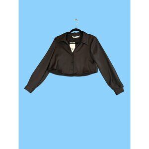 Zara Shirt Womens S Black Satin Cropped Button Front Long Sleeve Collared